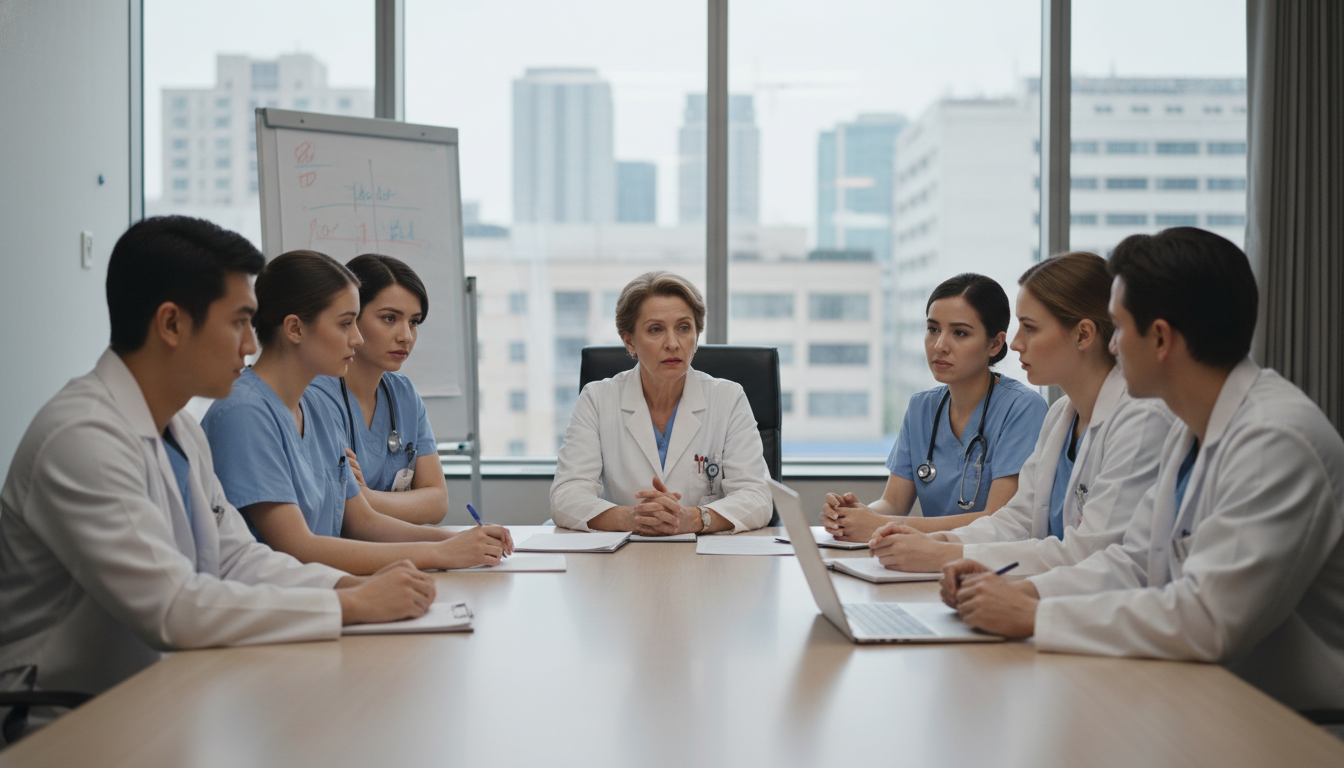 Internal medicine program director and residents in a tense meeting Internal medicine program director and residents in a tense meeting - MD graduate residency for Resident Turnover Warning Sig