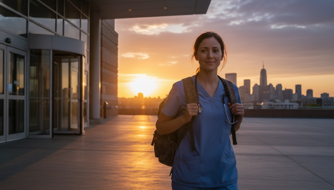 Internal medicine resident leaving the hospital at sunset Internal medicine resident leaving the hospital at sunset - MD graduate residency for Work-Life Balance Assessment for MD Gra