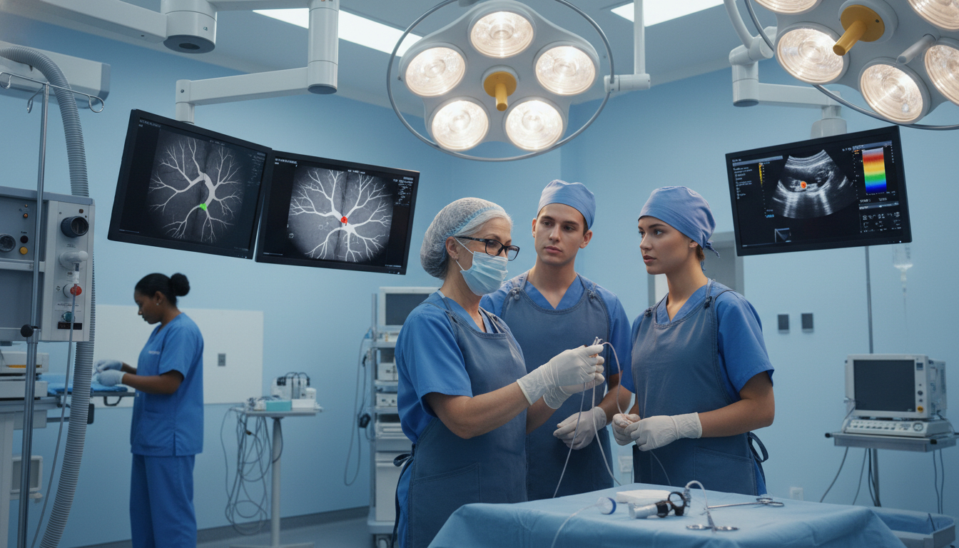 Interventional radiologist teaching residents during an academic hospital procedure Interventional radiologist teaching residents during an academic hospital procedure - MD graduate residency for Academic vs P