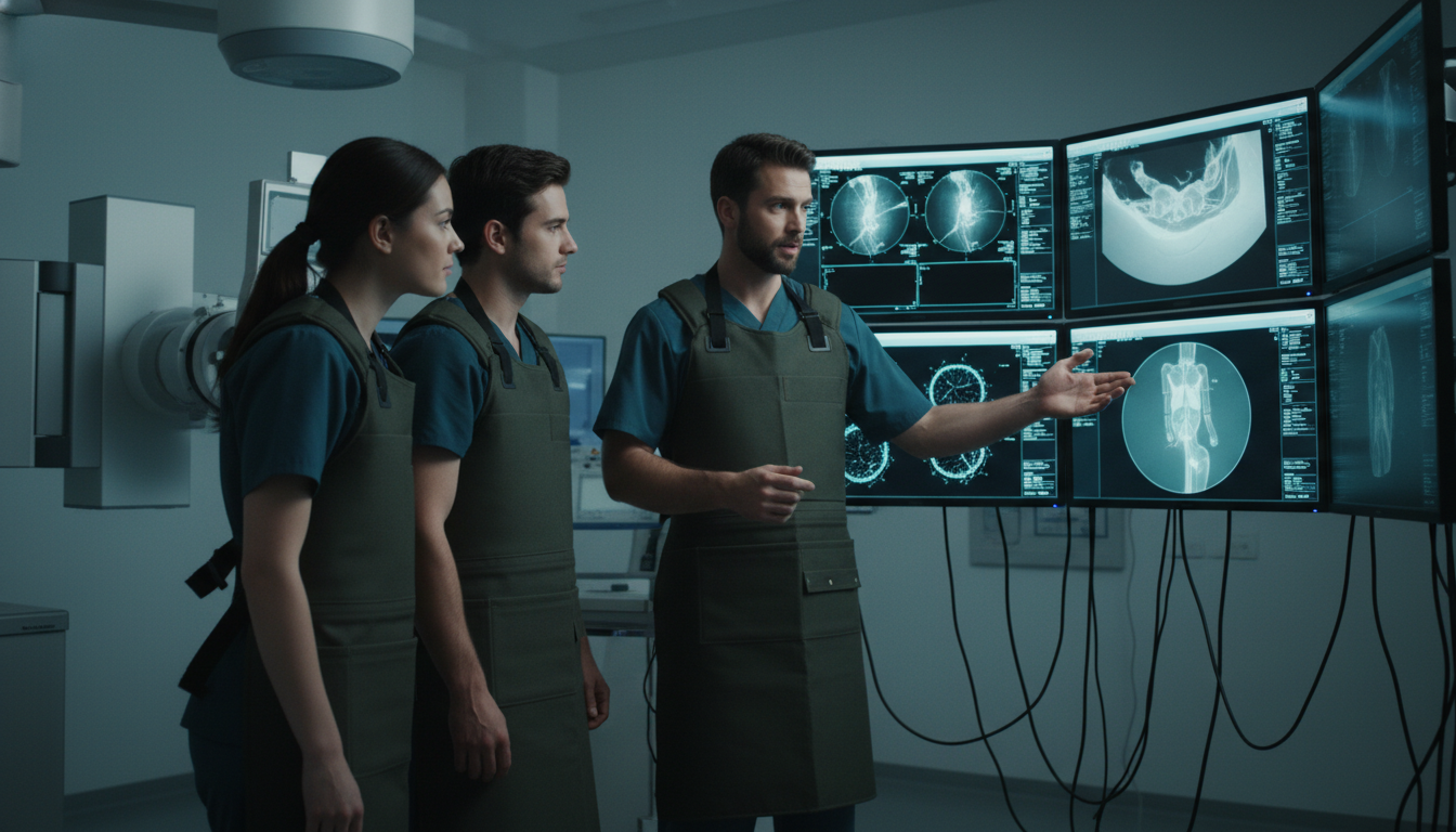 Interventional radiology team teaching a visiting student during a procedure Interventional radiology team teaching a visiting student during a procedure - MD graduate residency for Away Rotation Strate