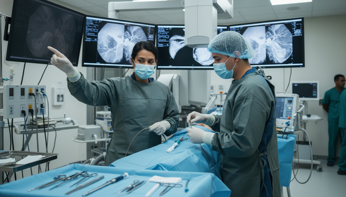 Interventional radiology procedure in progress with resident assisting Interventional radiology procedure in progress with resident assisting - MD graduate residency for Case Volume Evaluation for