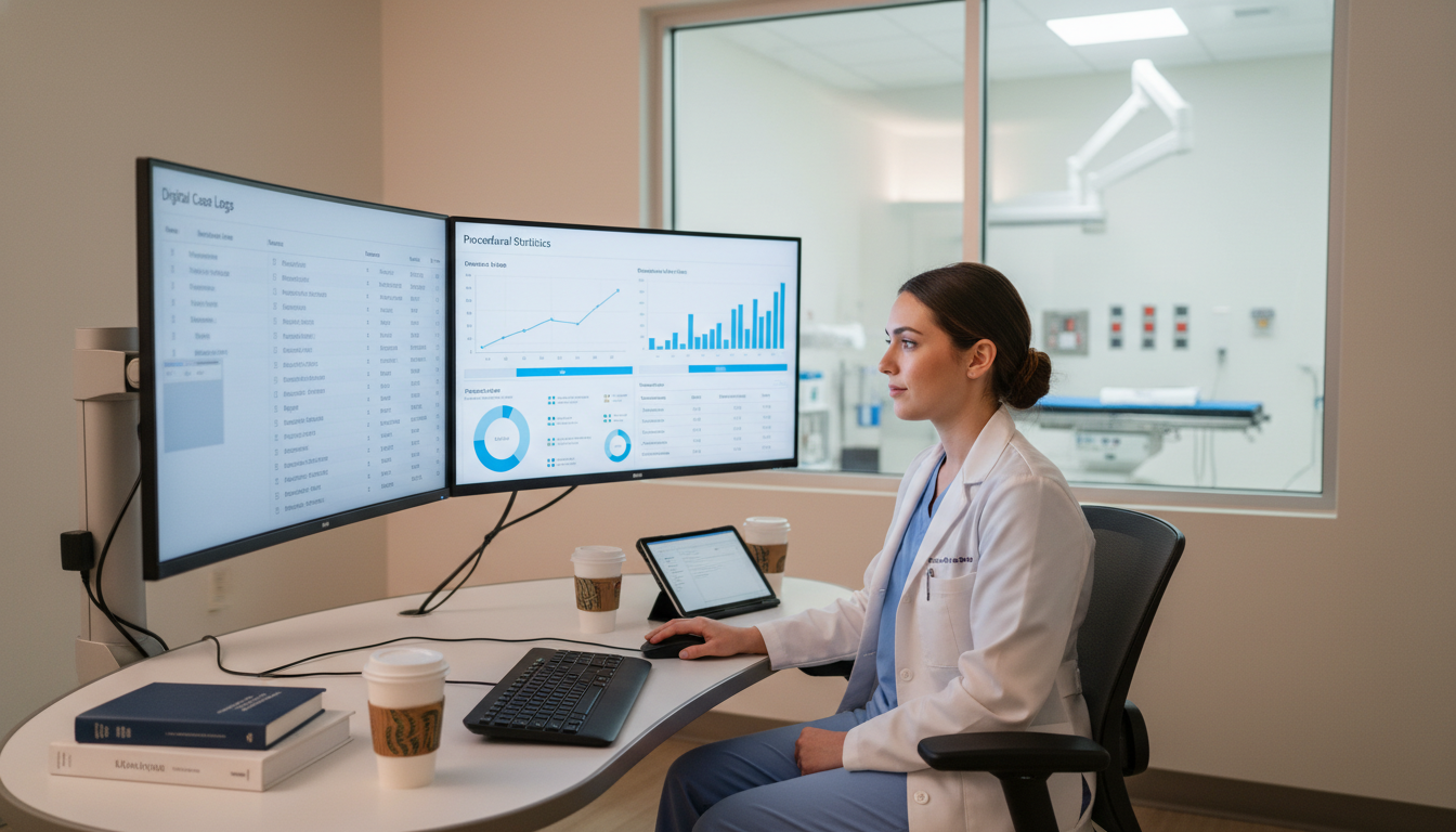 Interventional radiology resident reviewing digital case logs and performance metrics Interventional radiology resident reviewing digital case logs and performance metrics - MD graduate residency for Case Volume