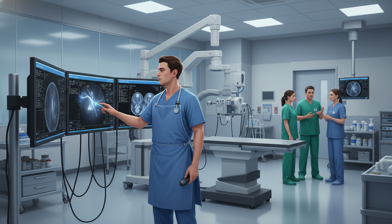 Interventional radiology resident in procedure room reviewing cases Interventional radiology resident in procedure room reviewing cases - MD graduate residency for CV Building for MD Graduate i