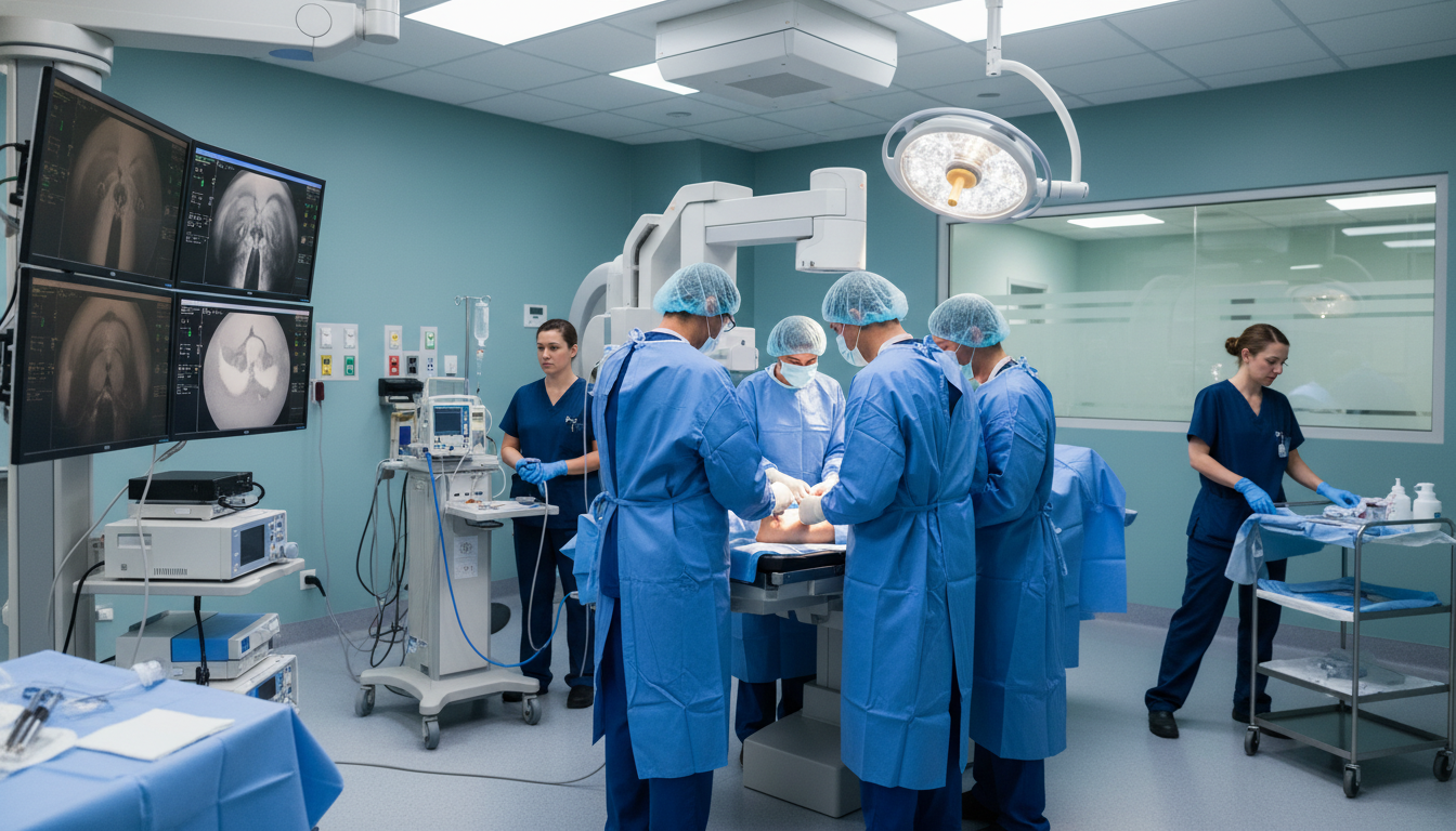 Interventional radiology procedure room with team performing image-guided intervention - MD graduate residency for Common Int