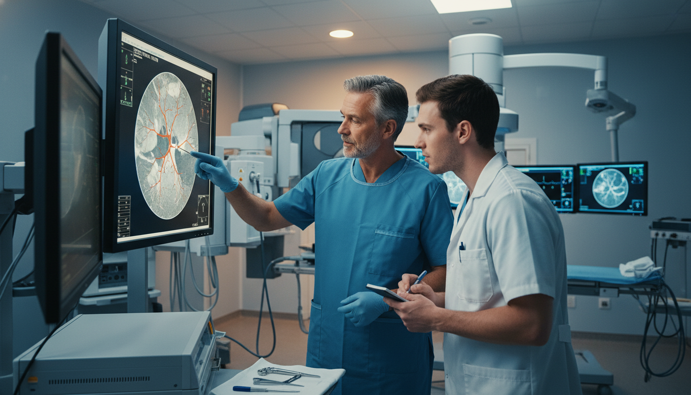 Interventional radiologist mentoring MD student in angiography suite - MD graduate residency for Low Step Score Strategies fo