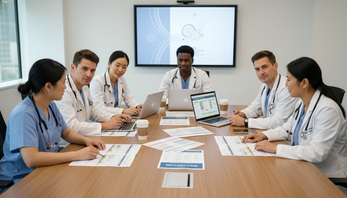Interventional radiology residents discussing rotation schedules and wellness Interventional radiology residents discussing rotation schedules and wellness - MD graduate residency for Identifying Maligna