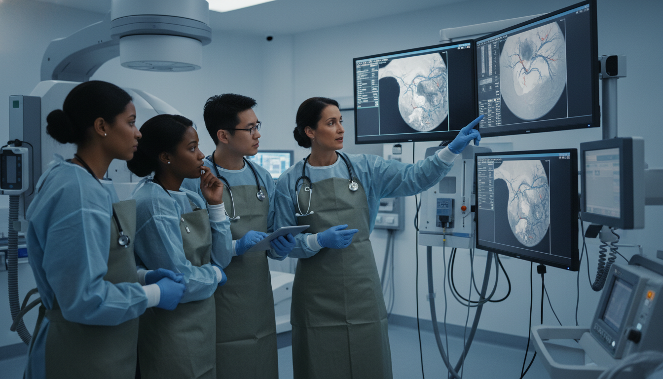 Interventional radiology residents collaborating in angiography suite - MD graduate residency for Program Selection Strategy