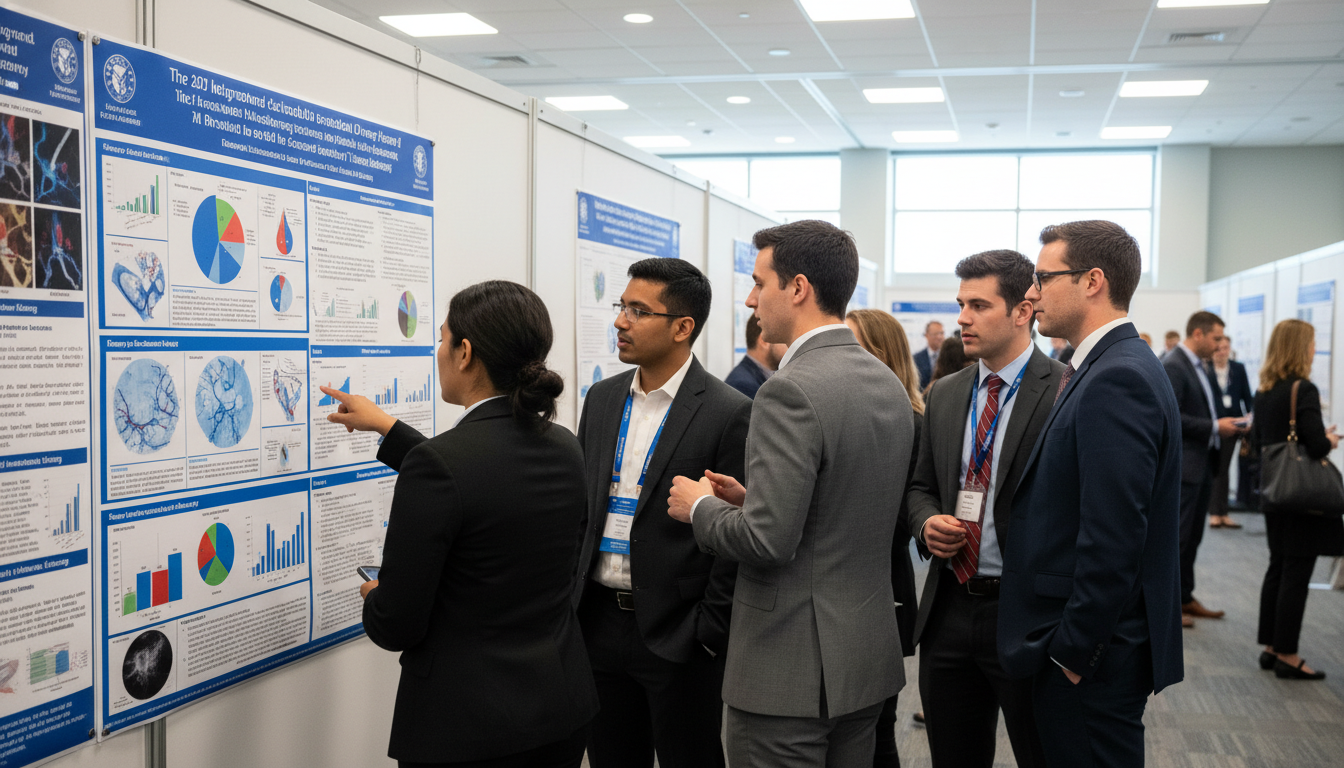 Interventional radiology residents presenting research posters at a conference Interventional radiology residents presenting research posters at a conference - MD graduate residency for Research During Re