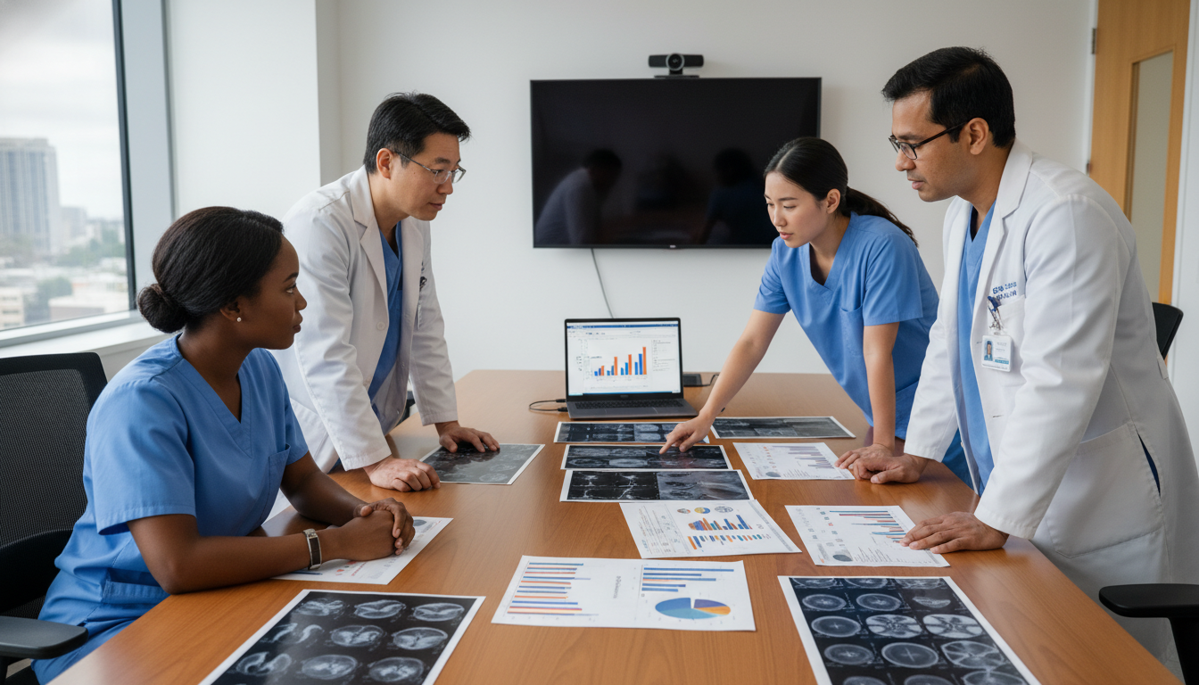 Interventional radiology team discussing research data - MD graduate residency for Research Profile Building for MD Graduate