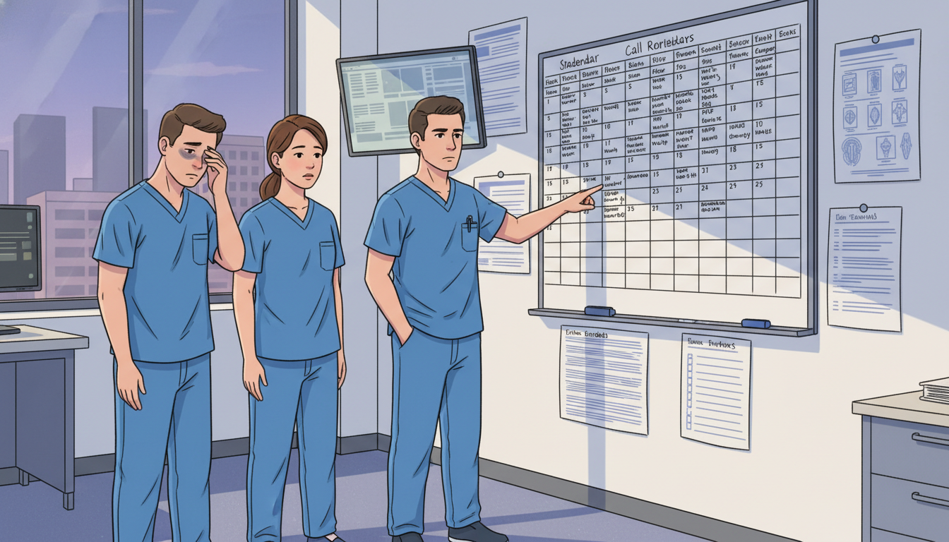 Interventional radiology residents reviewing call schedule on a whiteboard Interventional radiology residents reviewing call schedule on a whiteboard - MD graduate residency for Resident Turnover Warn