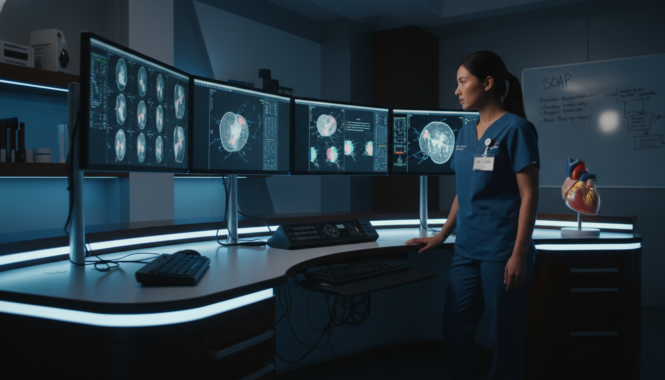Interventional radiology trainee reviewing angiographic images - MD graduate residency for SOAP Preparation for MD Graduate i