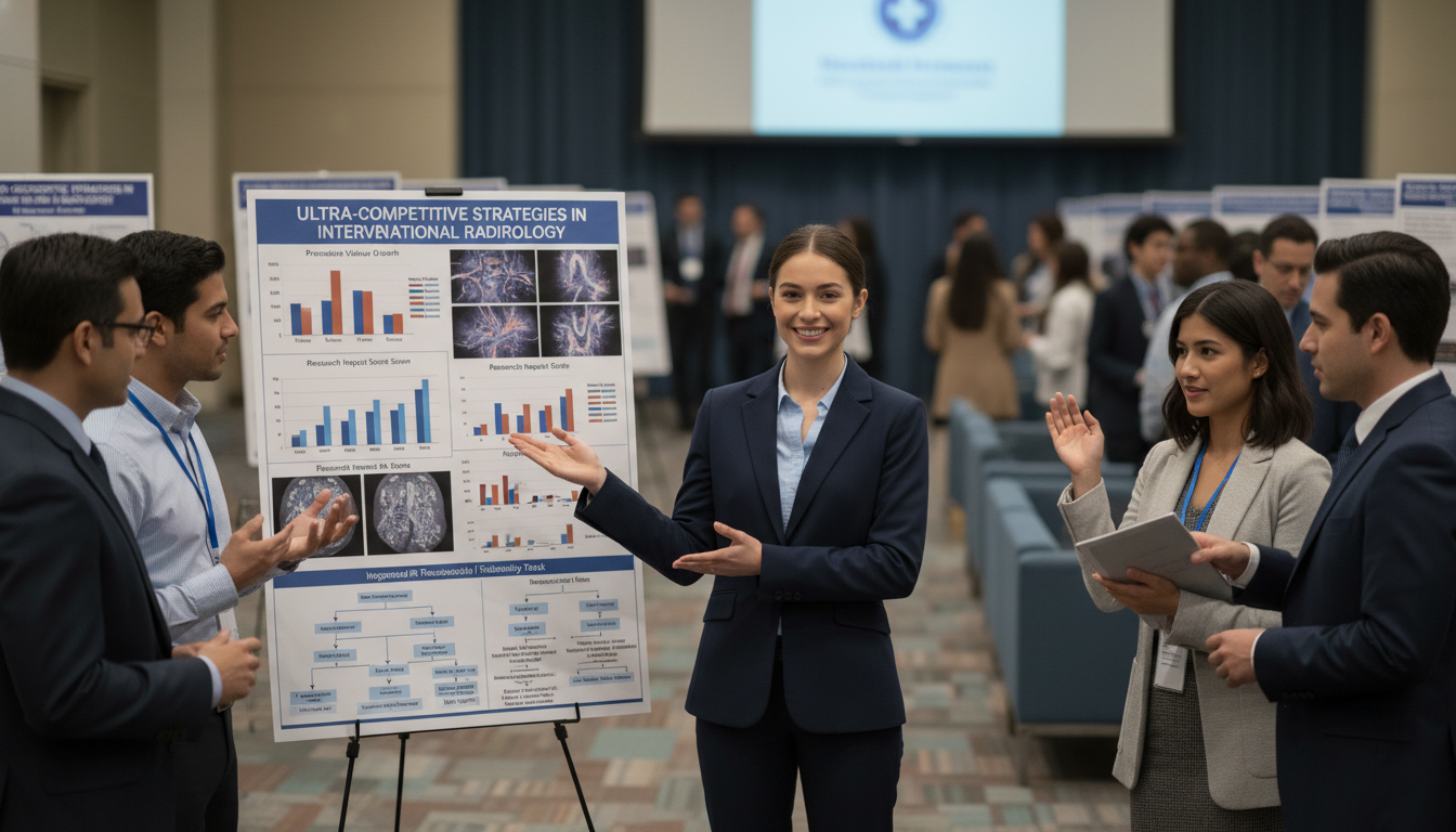 Medical student presenting interventional radiology research poster at conference - MD graduate residency for Ultra-Competiti