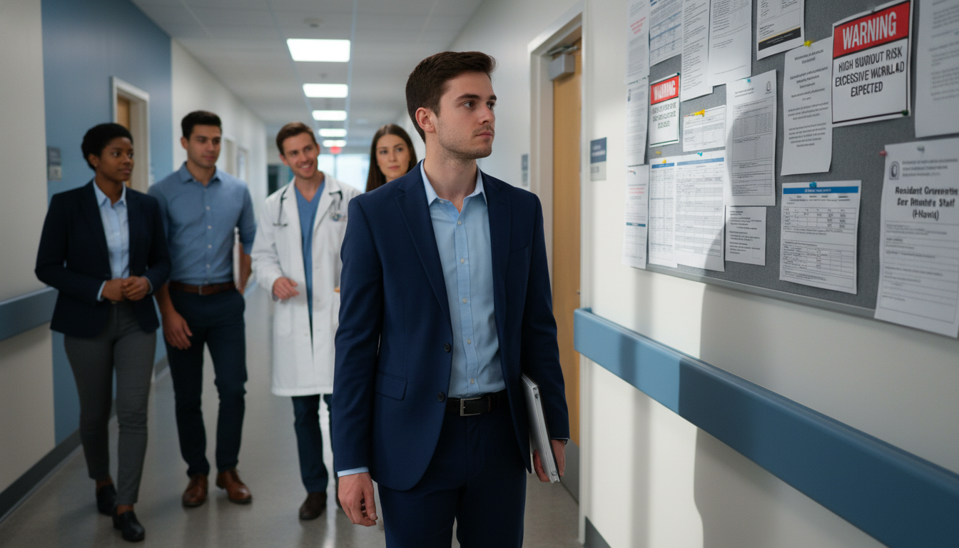 Resident observing red flag signs during a hospital tour Resident observing red flag signs during a hospital tour - MD graduate residency for Identifying Malignant Programs for MD Gr