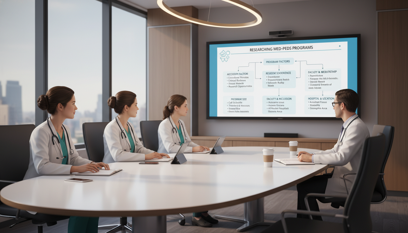 Medicine-Pediatrics residents and faculty in a conference room Medicine-Pediatrics residents and faculty in a conference room - MD graduate residency for How to Research Programs for MD Gr