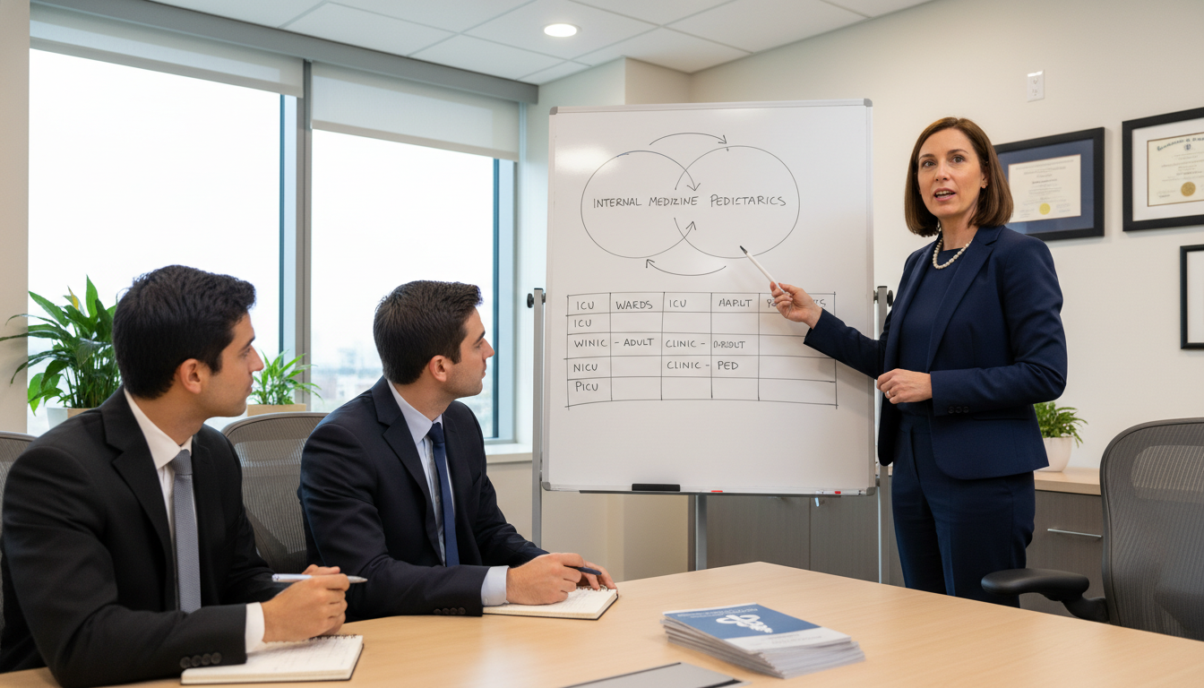 Program director discussing Medicine-Pediatrics residency structure with applicants Program director discussing Medicine-Pediatrics residency structure with applicants - MD graduate residency for Questions to