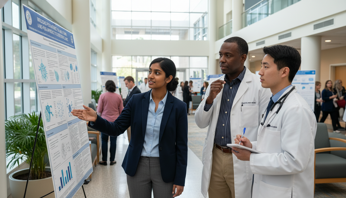 Resident Presenting Research Poster in Hospital Lobby Resident Presenting Research Poster in Hospital Lobby - MD graduate residency for Research During Residency for MD Graduate i
