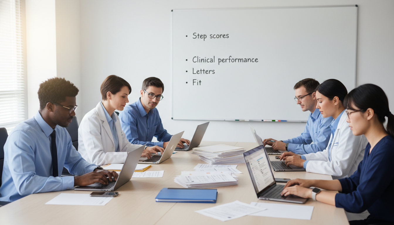 Medicine-Pediatrics resident team discussing applicant evaluation beyond Step scores - MD graduate residency for Step Score S