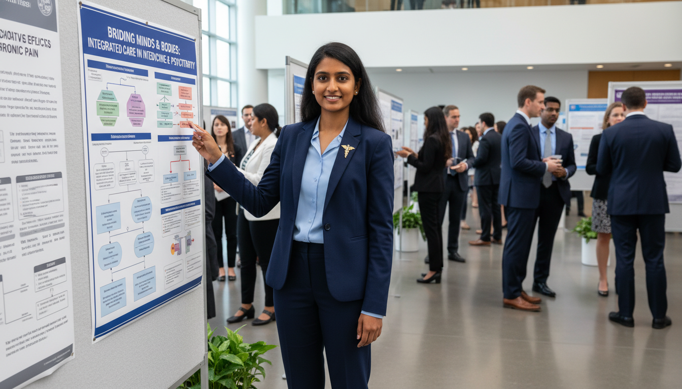 Medical student presenting research poster on integrated medicine and psychiatry Medical student presenting research poster on integrated medicine and psychiatry - MD graduate residency for CV Building for