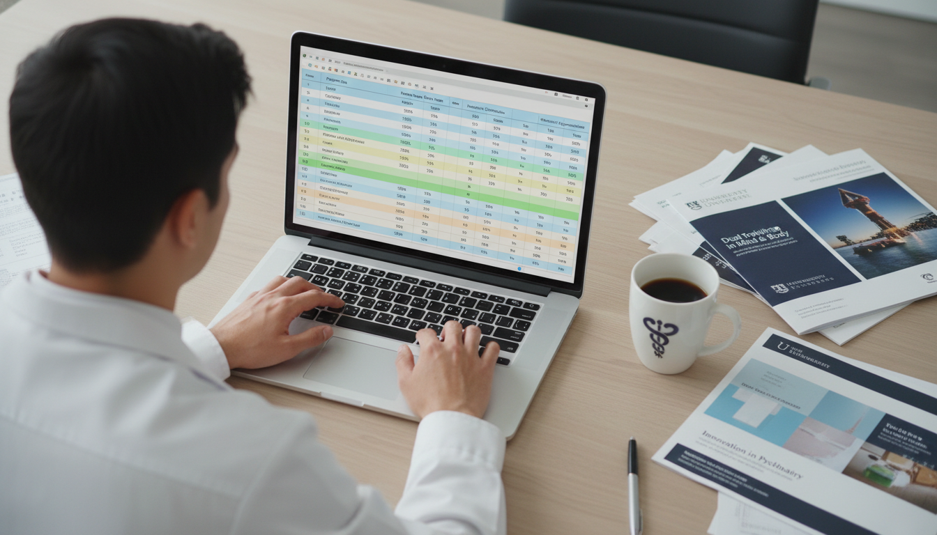 Residency applicant comparing med-psych program data on laptop - MD graduate residency for Program Selection Strategy for MD