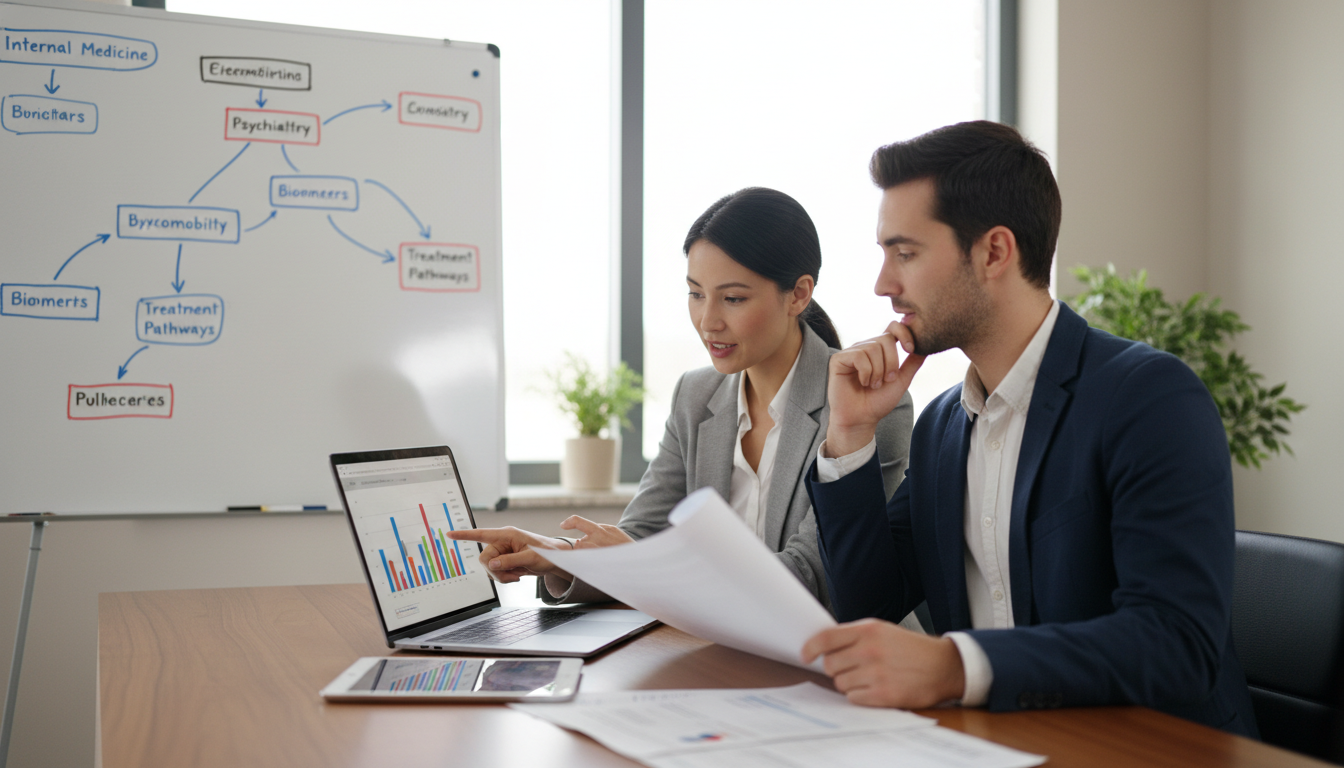 Mentor and MD graduate discussing medicine-psychiatry research ideas Mentor and MD graduate discussing medicine-psychiatry research ideas - MD graduate residency for Research Profile Building fo