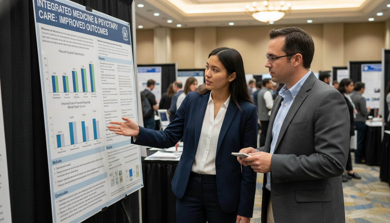 MD graduate presenting a medicine-psychiatry research poster MD graduate presenting a medicine-psychiatry research poster - MD graduate residency for Research Profile Building for MD Gra