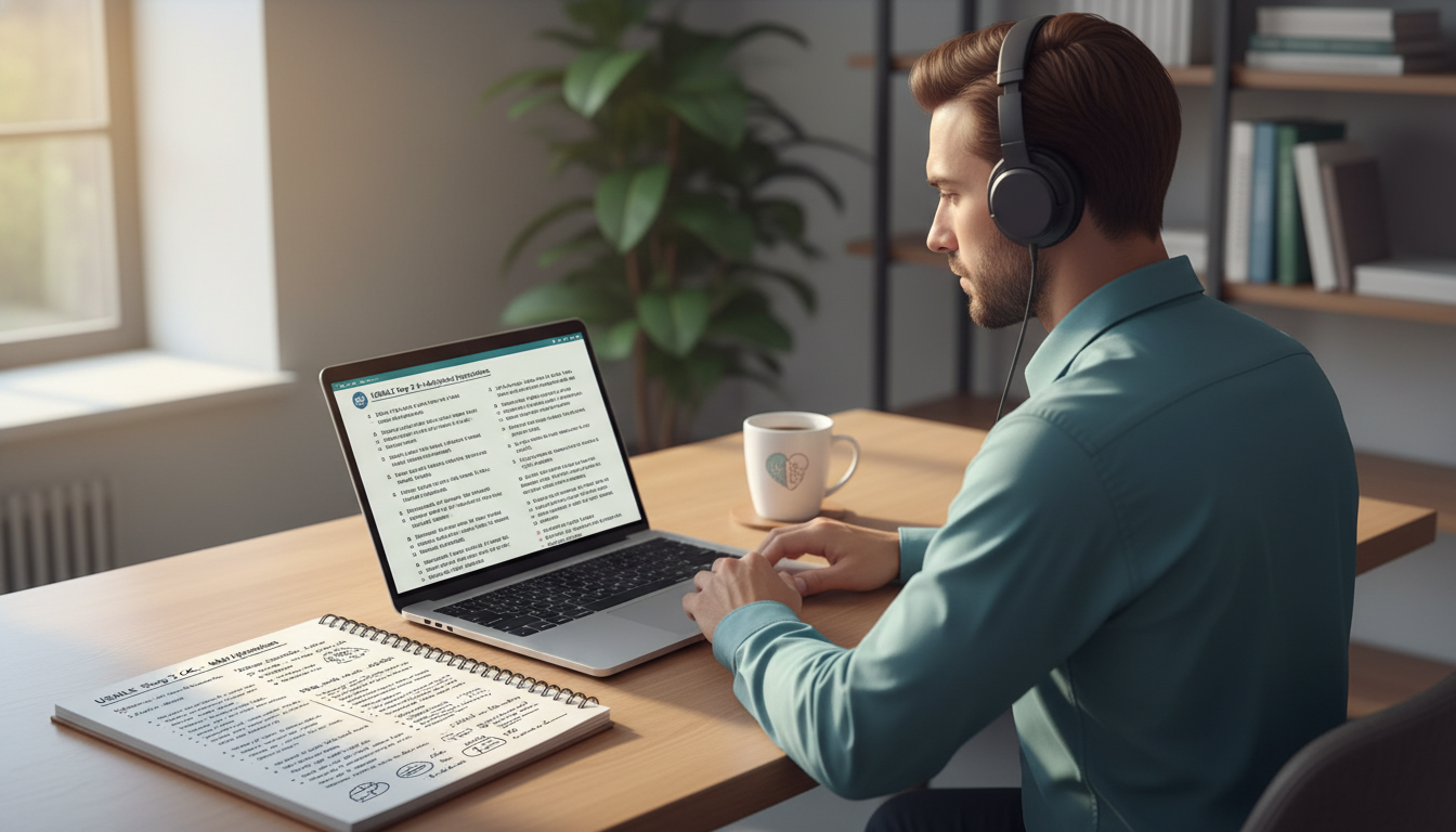 MD graduate practicing USMLE Step 2 CK exam questions on a laptop in a quiet study space - MD graduate residency for USMLE St