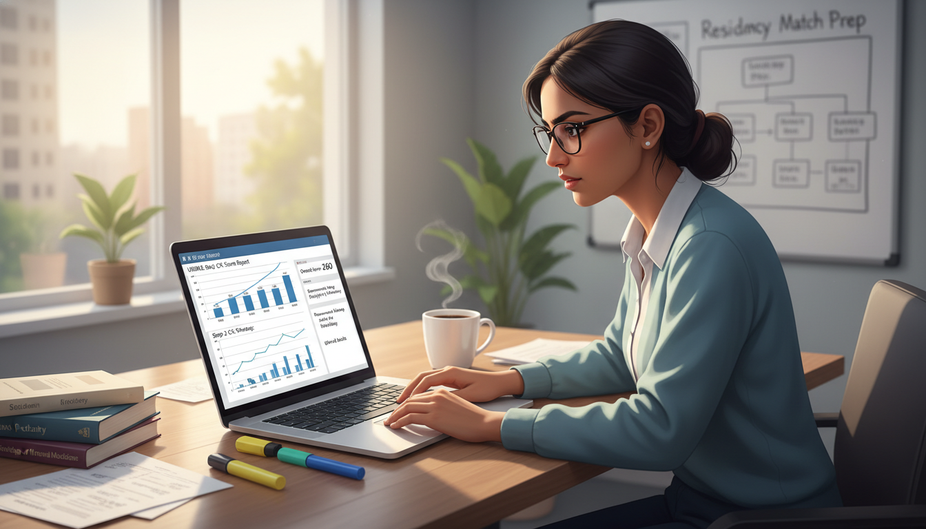 Residency applicant reviewing USMLE Step scores and performance charts Residency applicant reviewing USMLE Step scores and performance charts - MD graduate residency for Step Score Strategy for MD