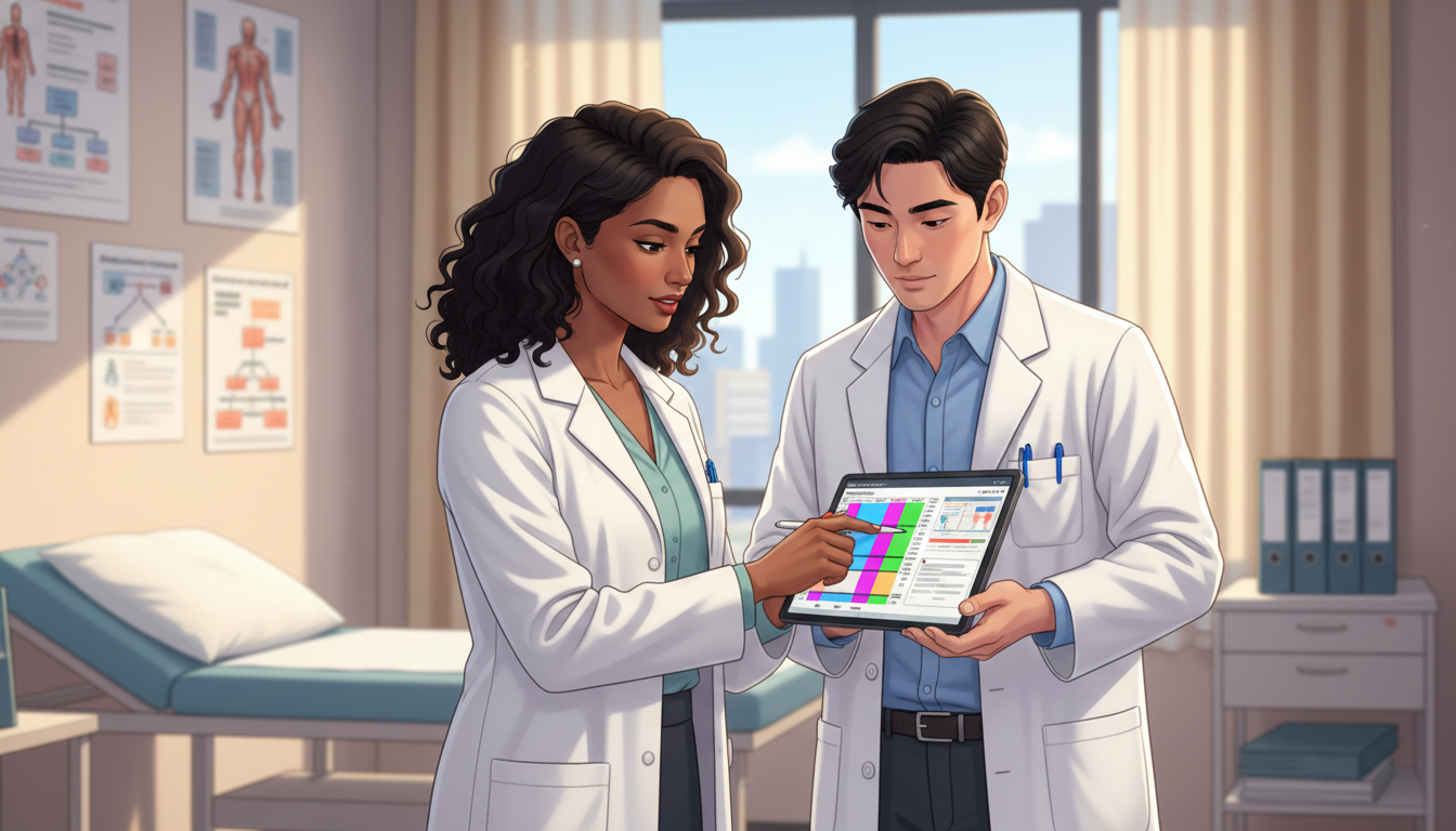 Medical genetics faculty and resident discussing patient case in clinic - MD graduate residency for Program Selection Strateg