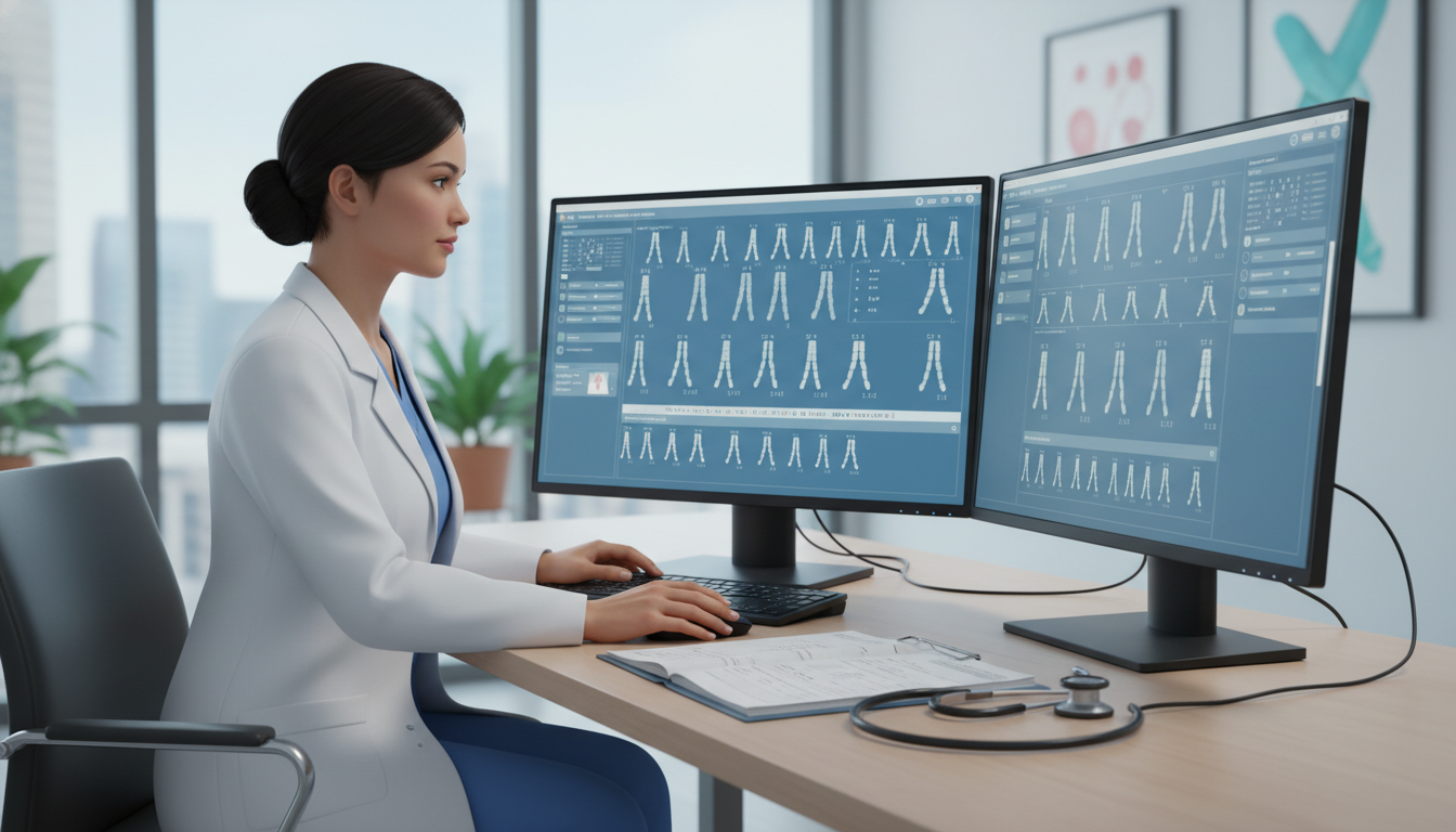 Medical genetics resident in clinic reviewing chromosomal analysis Medical genetics resident in clinic reviewing chromosomal analysis - MD graduate residency for Questions to Ask Programs for