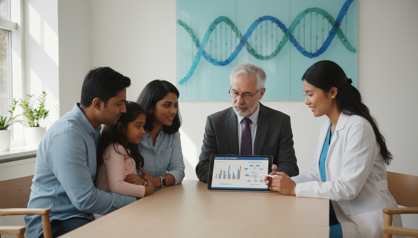 Resident physician in a medical genetics clinic counseling a family with genetic test results Resident physician in a medical genetics clinic counseling a family with genetic test results - MD graduate residency for Add