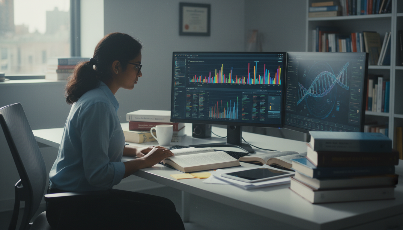 Resident working on medical genetics research data Resident working on medical genetics research data - MD graduate residency for Research During Residency for MD Graduate in M