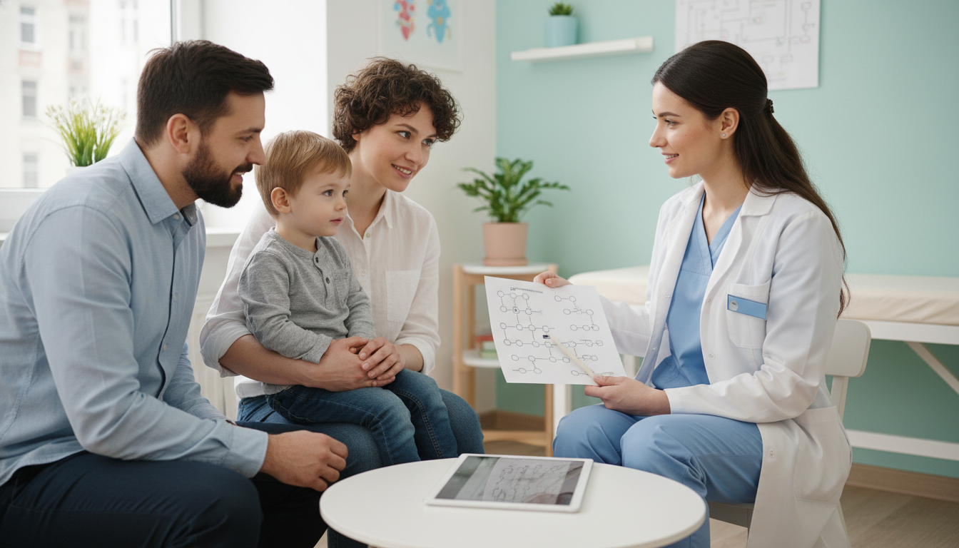 Resident discussing genetic testing results with a family Resident discussing genetic testing results with a family - MD graduate residency for Work-Life Balance Assessment for MD Gra