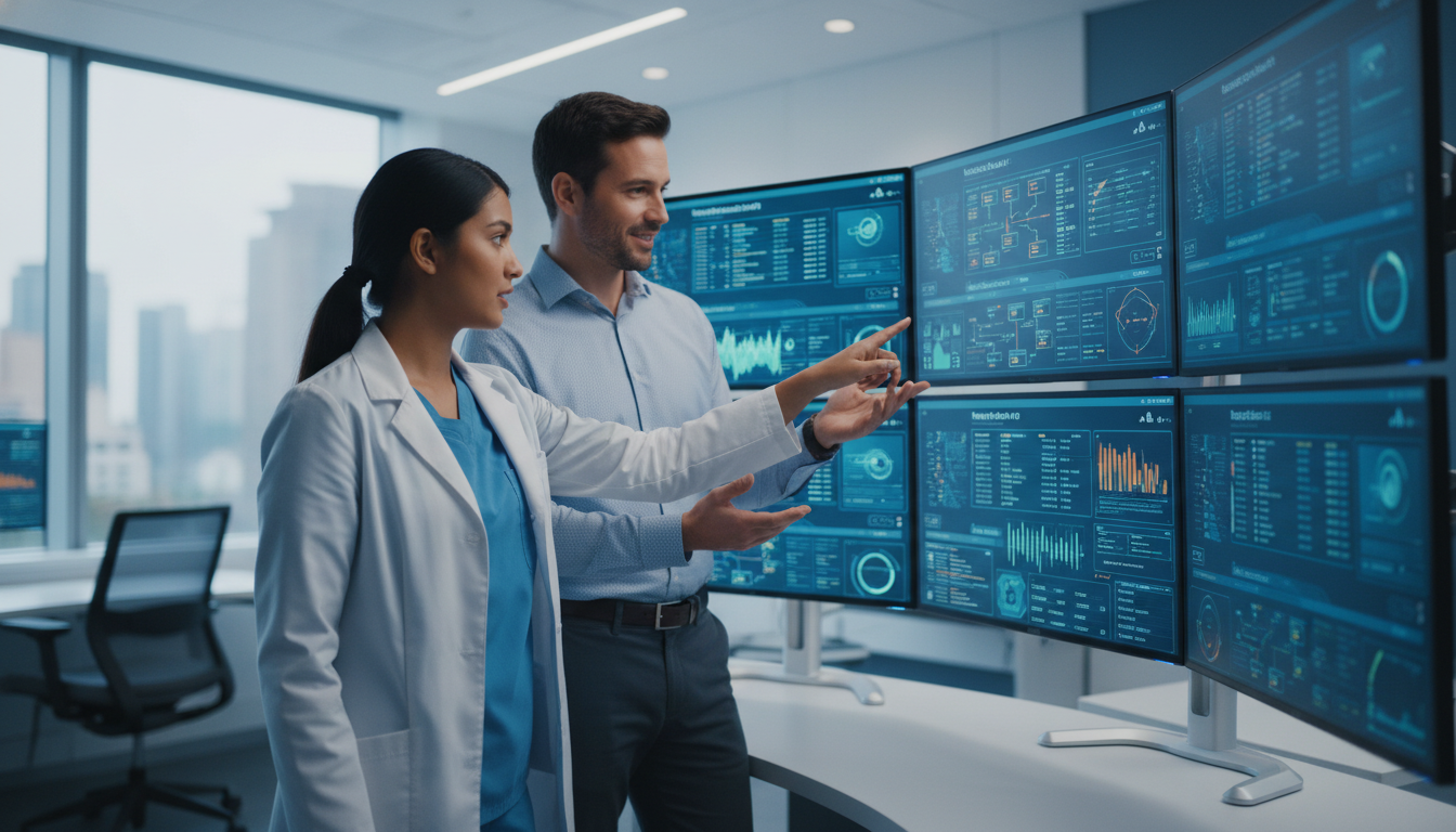 Resident physician discussing EHR optimization with a clinical informatics specialist in a hospital workspace - MD graduate r