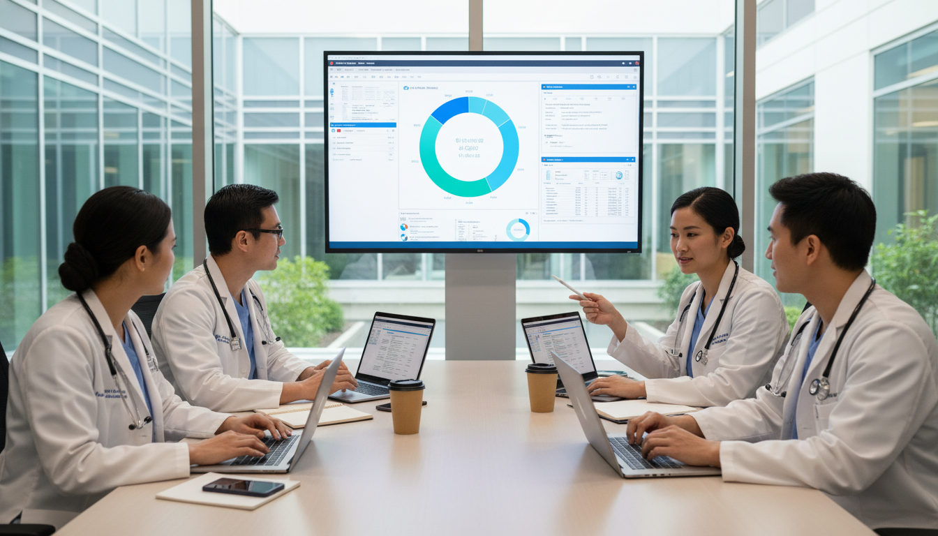 Resident physicians collaborating on a clinical informatics research project Resident physicians collaborating on a clinical informatics research project - MD graduate residency for Research During Resi