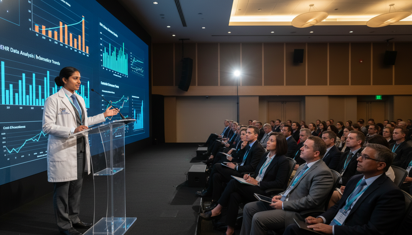 Resident physician presenting clinical informatics research findings at a conference Resident physician presenting clinical informatics research findings at a conference - MD graduate residency for Research Dur