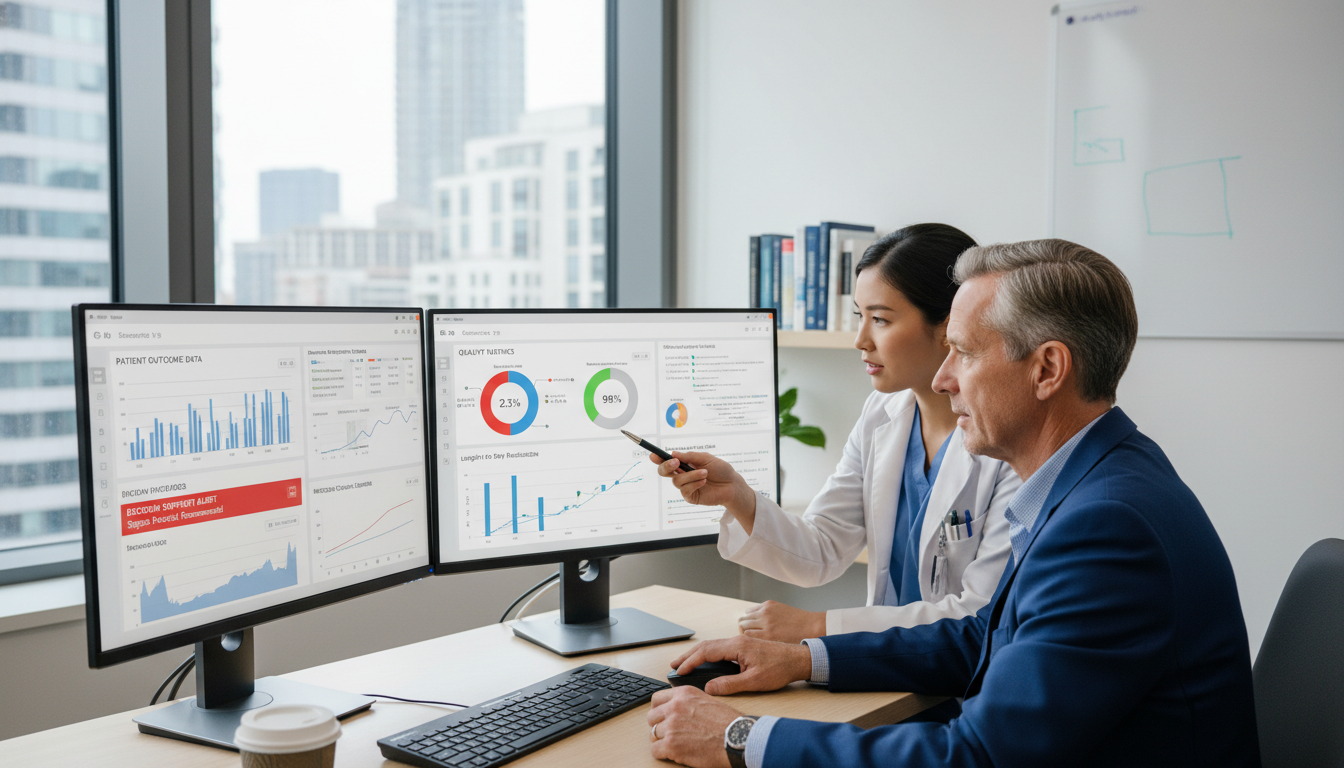 Resident physician discussing clinical informatics project with mentor - MD graduate residency for Step Score Strategy for MD