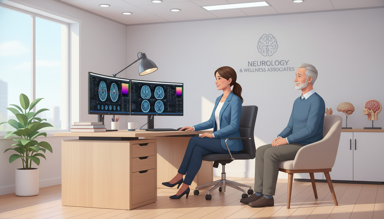 Private practice neurologist consulting with a patient in an outpatient clinic Private practice neurologist consulting with a patient in an outpatient clinic - MD graduate residency for Academic vs Privat