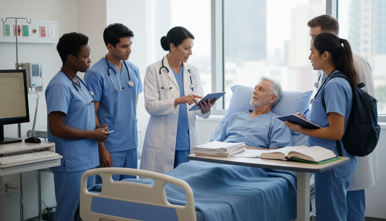 Neurology resident rounding with team during away rotation Neurology resident rounding with team during away rotation - MD graduate residency for Away Rotation Strategy for MD Graduate