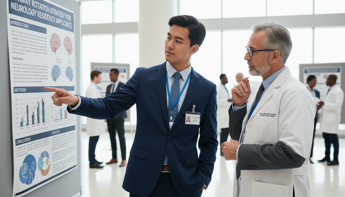 MD graduate student discussing neurology research poster with faculty MD graduate student discussing neurology research poster with faculty - MD graduate residency for Away Rotation Strategy for