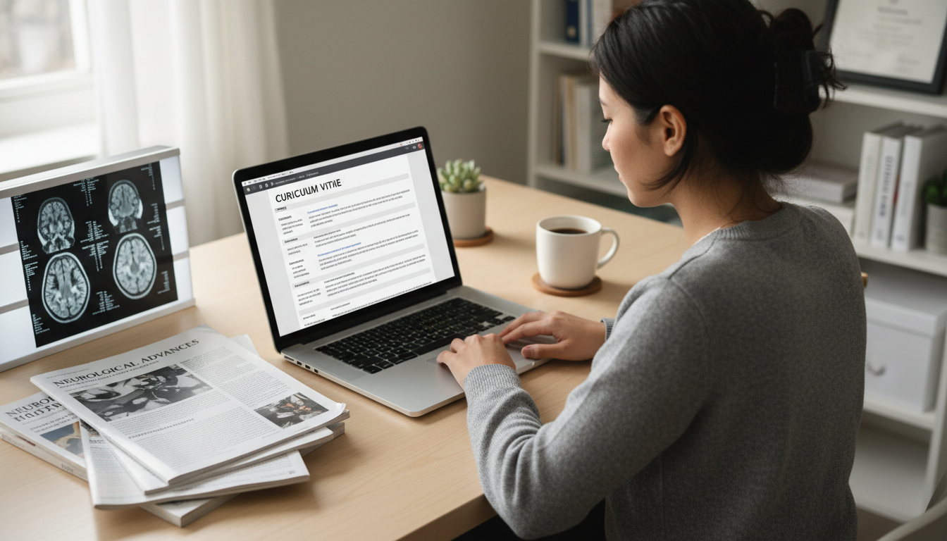 Neurology applicant updating CV and research portfolio at desk Neurology applicant updating CV and research portfolio at desk - MD graduate residency for CV Building for MD Graduate in Neu