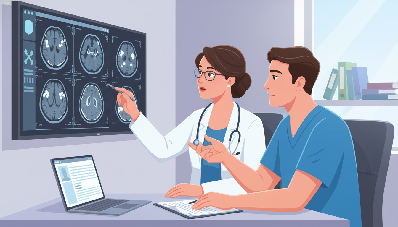 Neurology resident discussing patient case with attending using neuroimaging Neurology resident discussing patient case with attending using neuroimaging - MD graduate residency for Common Interview Que