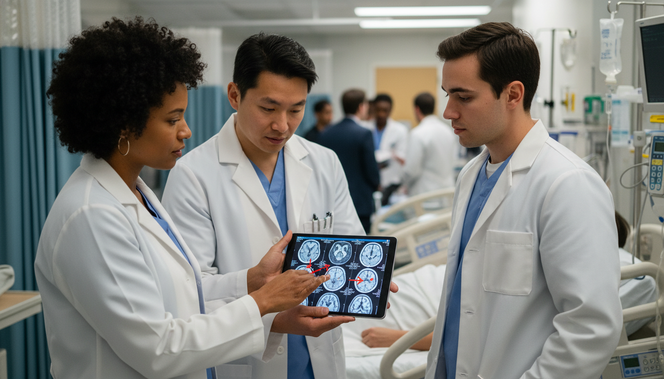 Neurology resident team teaching an MD graduate on rounds Neurology resident team teaching an MD graduate on rounds - MD graduate residency for Low Step Score Strategies for MD Gradua