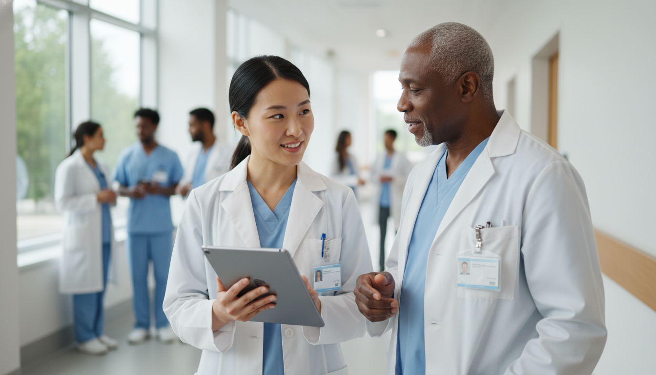 Neurology resident speaking with a mentor at a hospital Neurology resident speaking with a mentor at a hospital - MD graduate residency for Networking in Medicine for MD Graduate in