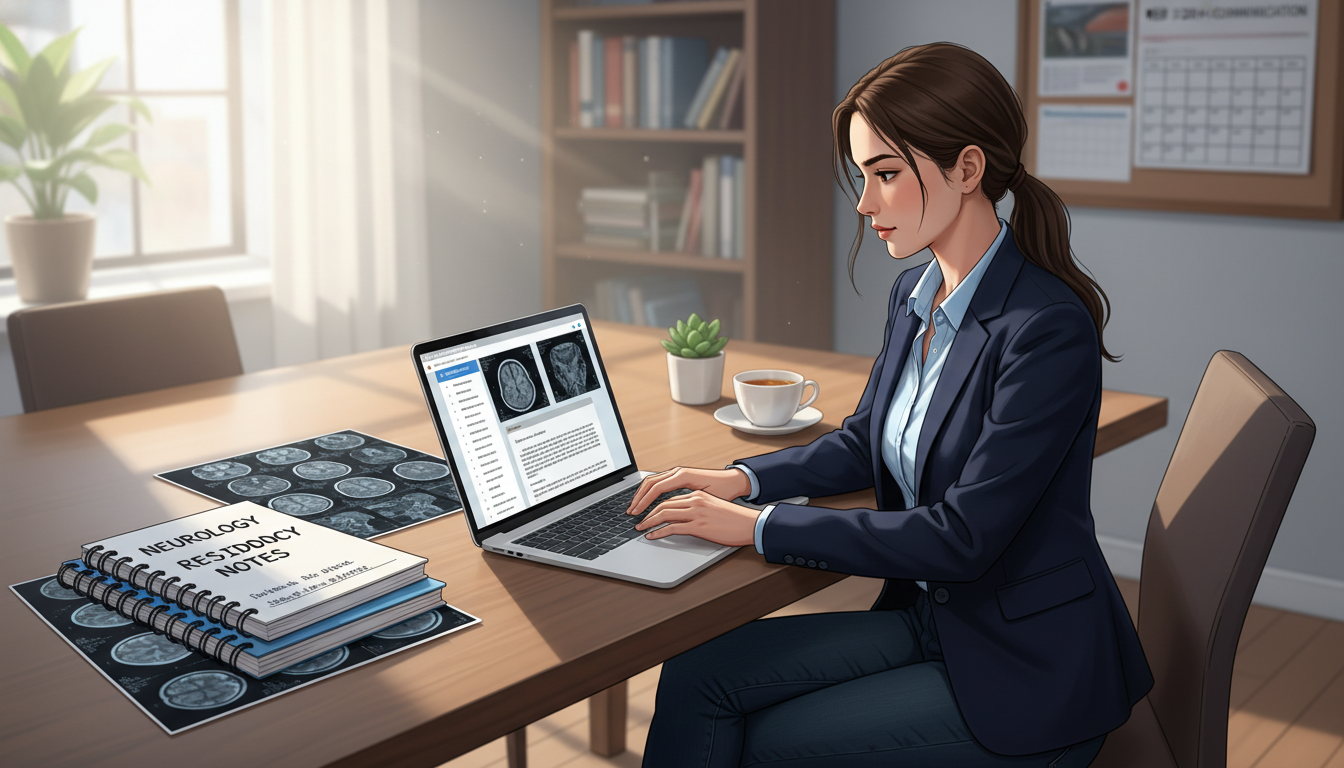 Neurology residency applicant reviewing email communication strategy on laptop Neurology residency applicant reviewing email communication strategy on laptop - MD graduate residency for Pre-Match Communic