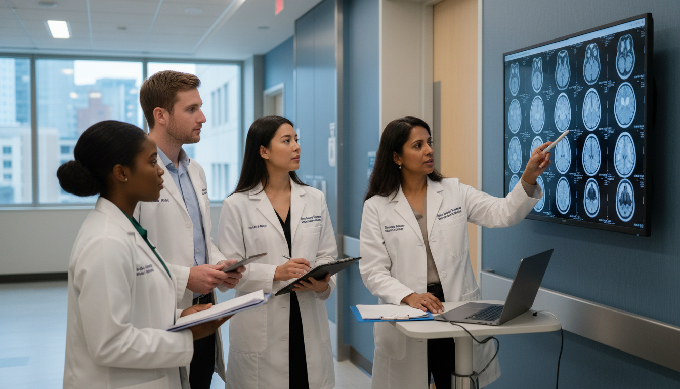 Neurology resident team discussing stroke cases during rounds - MD graduate residency for Program Selection Strategy for MD G