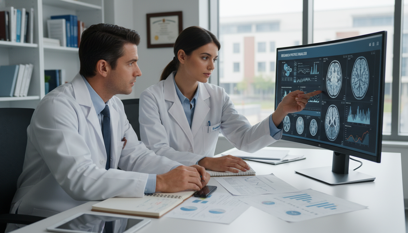 Neurology resident working on clinical research with mentor at computer - MD graduate residency for Research Profile Building