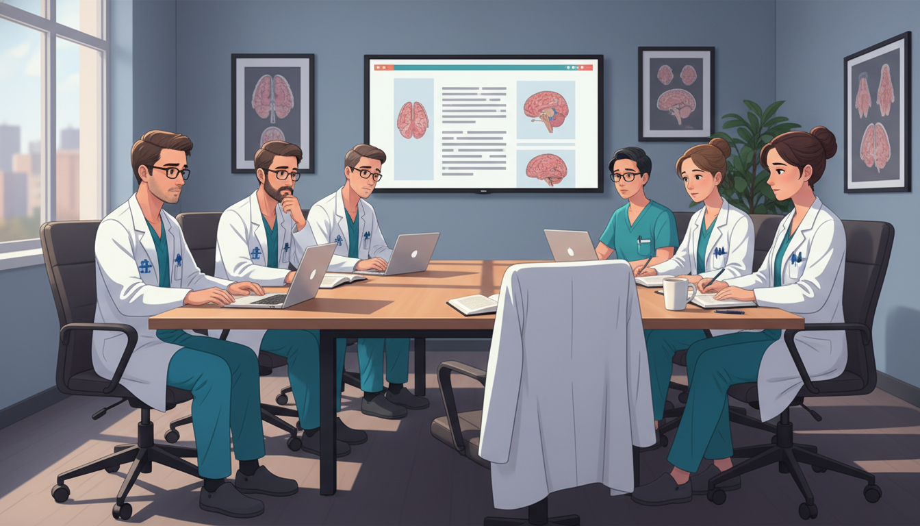Neurology residents in a conference room with one empty chair symbolizing turnover Neurology residents in a conference room with one empty chair symbolizing turnover - MD graduate residency for Resident Turno