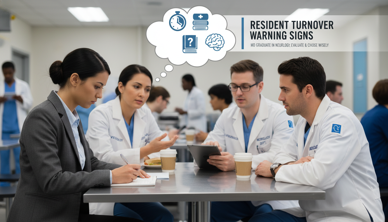 MD graduate taking notes while speaking with neurology residents MD graduate taking notes while speaking with neurology residents - MD graduate residency for Resident Turnover Warning Signs