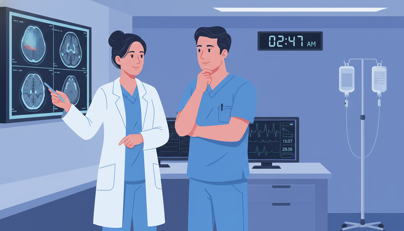 Neurology resident on stroke call discussing imaging in the hospital Neurology resident on stroke call discussing imaging in the hospital - MD graduate residency for Work-Life Balance Assessment