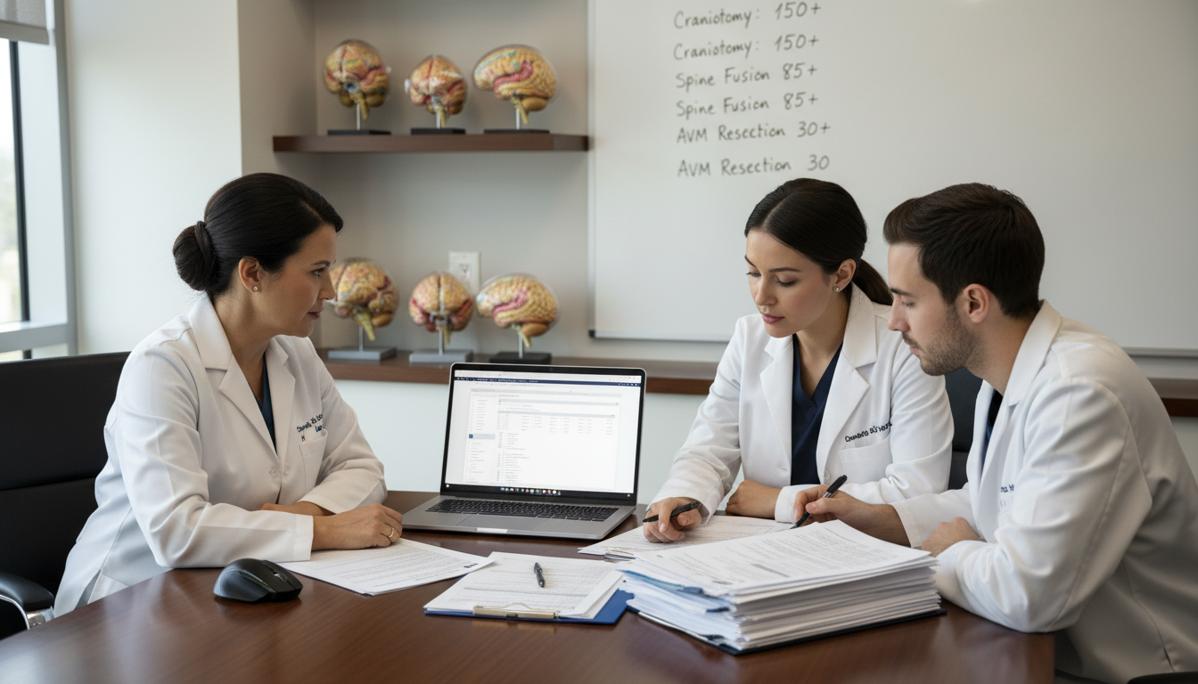 Neurosurgery program director discussing case logs with residents Neurosurgery program director discussing case logs with residents - MD graduate residency for Case Volume Evaluation for MD G